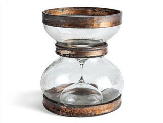 This vintage hourglass features a unique design with a rustic metal frame and clear glass for a classic look. Isolated on white background