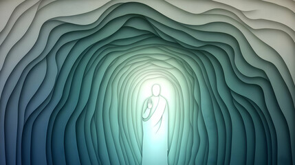 Paper Cutout Figure Stands in a Wavy Tunnel, Emerging from Darkness into Light