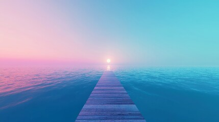 Obraz premium Sapphire Twilight Dock, an elegant wooden pier extending into a vast, glimmering twilight ocean, minimalist design, serene atmosphere, inviting tranquility, expansive horizon.