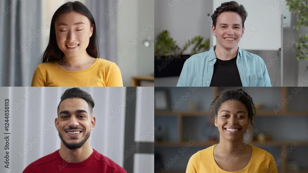 Poster a group of four multiracial friends displays smiles while engaging in a friendly video call from the