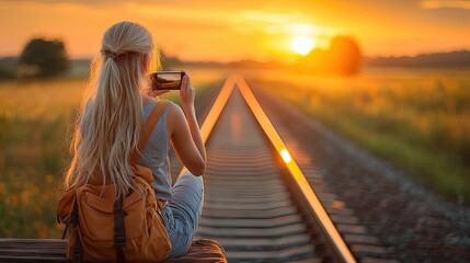 A young woman in a casual outfit take a picture railway