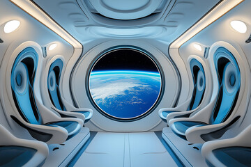 Futuristic spaceship interior showing planet earth from space window