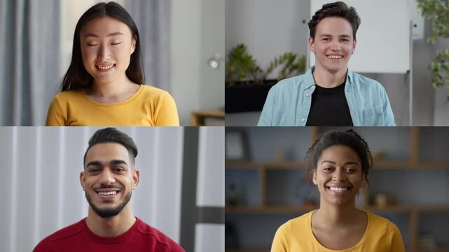 A group of four multiracial friends displays smiles while engaging in a friendly video call from their respective homes.