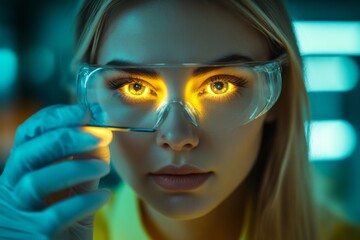 Futuristic woman with glowing eyes holding a small glass object