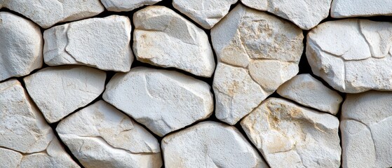 A close-up view of a textured stone wall made of irregularly shaped white stones.