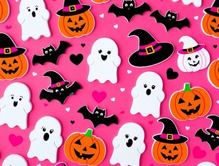 Naklejka premium Playful Halloween-themed seamless pattern featuring adorable ghosts, carved pumpkins, bats, and spooky elements on a bright pink background, perfect for textiles and digital designs