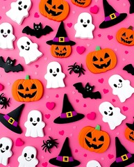 Cute Halloween seamless pattern with smiling ghosts, jack-o'-lanterns, bats, spiders, and witch hats on a pink background, perfect for festive decorations, textiles, and wallpapers

