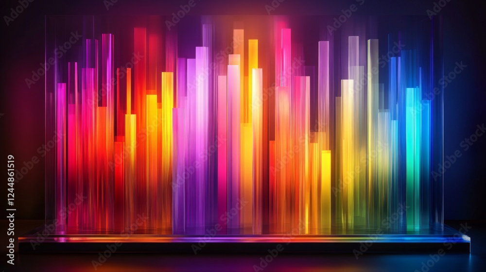 Poster D bar graph with vibrant colors, arranged in ascending order on a transparent glass base, with soft ambient lighting