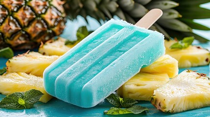 A vibrant blue popsicle sits atop pineapple slices, surrounded by fresh mint leaves.
