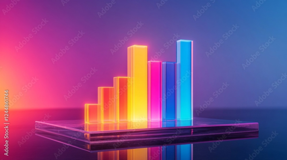 Poster d bar graph with vibrant colors, arranged in ascending order on a transparent glass base, with soft 