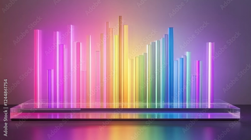 Poster D bar graph with vibrant colors, arranged in ascending order on a transparent glass base, with soft ambient lighting