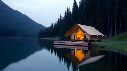Fototapeta premium Luxurious glamping tent lakeside, mountain backdrop, evening tranquility, travel brochure