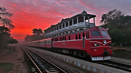 Obraz premium Red Train Departs Station at Sunrise Under Vivid Sky and Architectural Building.