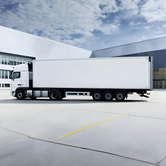 White Semi-Truck Parked Outside Industrial Building on a Sunny Day