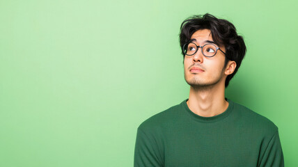 Job Interview Atmosphere Concept, Thoughtful man in green sweater looking up against green background