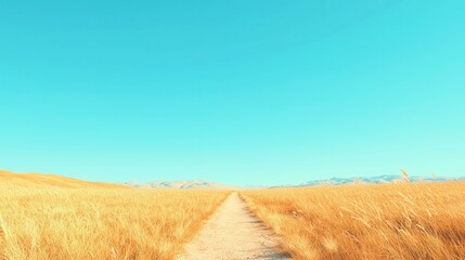 Fototapeta premium Whispering Meadow Path, a serene golden trail surrounded by buzzing bees and gentle breezes, featuring a minimalist design with ample free space for a calming experience