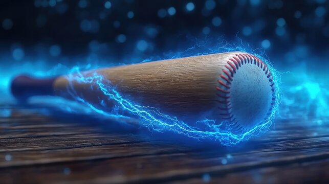 Dramatic high speed image of a baseball bat making powerful contact with a glowing energy charged ball creating a dynamic and captivating visual display of sports action and technology infused motion