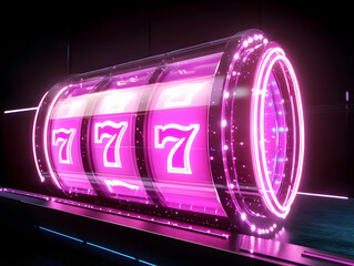 3D Slot Machine Shows Triple Sevens in Vibrant Pink Neon Light, Creating a Futuristic Casino Vibe
