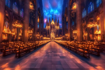 Fototapeta premium Grand Cathedral Interior Illuminated by Candlelight at Dusk with Dramatic Sky