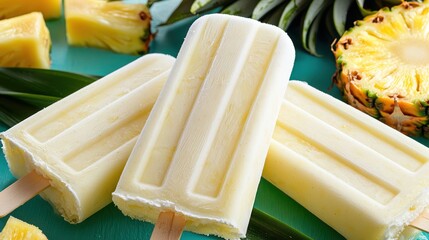 Three creamy pineapple popsicles on a vibrant background with fresh pineapple slices.