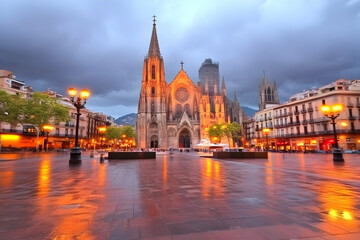 Fototapeta premium Illuminated Church Stands Majestically on Wet Cobblestone Square at Dusk