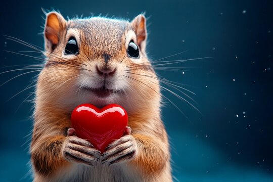 Promotion conceptual art. Marketing visual idea. Chipmunk - my desired animal. Cute chipmunk baby with diamond red heart - sign of love, funny greeting card. February 14 love. Love concept.
