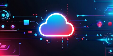 Futuristic neon cloud computing icon with circuit board connections, artificial intelligence, data storage, cybersecurity, high-tech cloud networking, and digital transformation in modern technology


