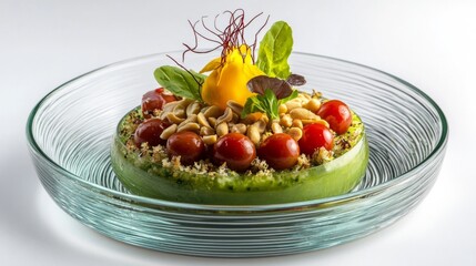 An elegant presentation of Som Tum green papaya salad with vibrant colors, topped with roasted peanuts and cherry tomatoes, showcasing the freshness of Thai ingredients