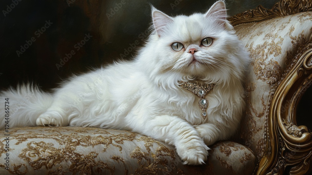 Poster an elegant white persian cat wearing a sparkling collar with a small gem, resting on a luxurious cus