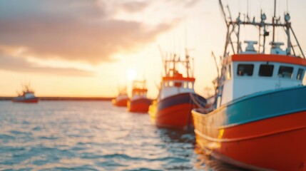 Fototapeta premium Fishing boats docked at a harbor or port unloading their cargo of seafood and other goods during a beautiful sunset or sunrise sky