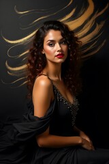 Fototapeta premium Sophisticated woman posing under dramatic studio background
