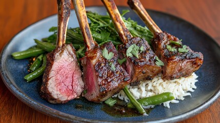 A plate of grilled lamb chops served on rice with green beans and herbs.