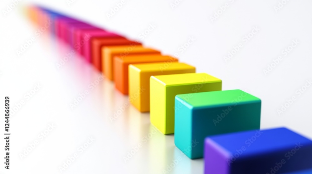 Fototapete Array of rainbow-colored D bars in a row, gradually increasing in height, with smooth shadows and reflections