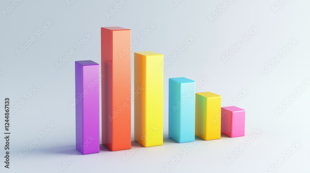 Fototapete A D bar chart with vibrant bars in varying heights, placed on a white background with clean shadows and labels, perfect for visualizing business or financial data.