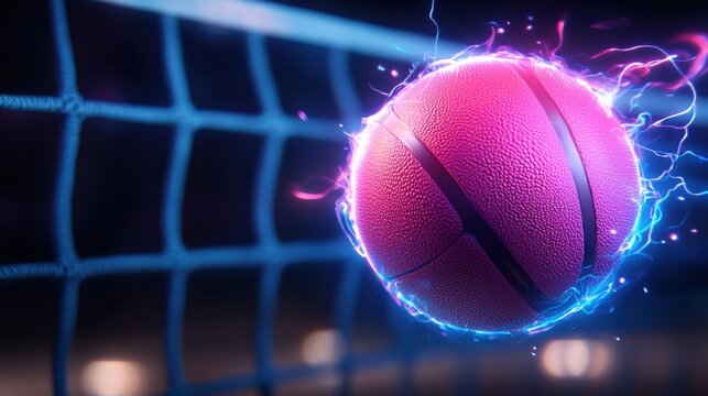 Dramatic Close up of Glowing Volleyball Ball in Mid Impact Moment Against a Vibrant Sports Net Background Capturing the Energy and Dynamism of the Game