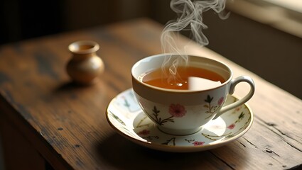 A warm cup of tea with a cinnamon stick resting gently inside.