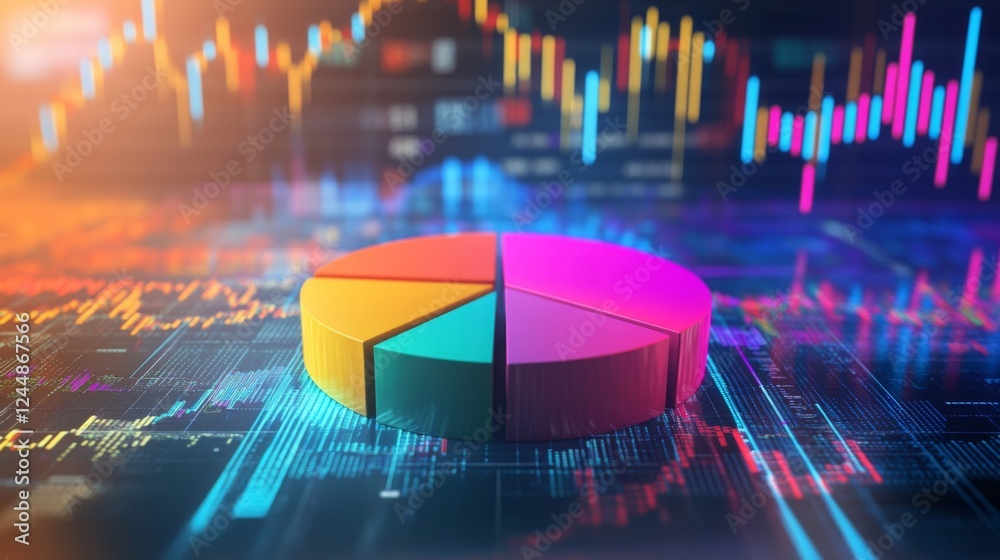 Poster A D financial pie chart with vibrant colors, representing different revenue streams, set against a digital background with stock market graphs in the distance.
