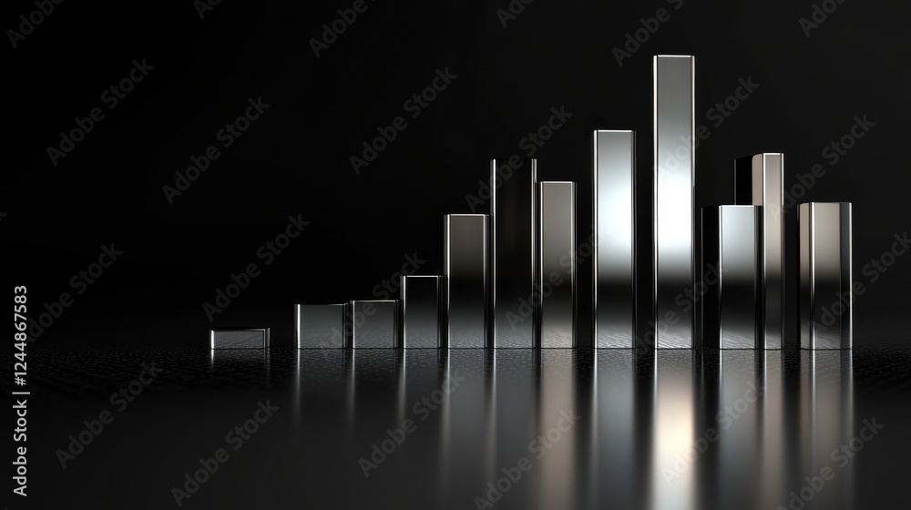 Aufkleber A D financial bar graph with metallic bars, representing revenue comparison between different companies, placed on a reflective surface with a sleek black background.