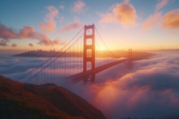 Fototapeta premium Golden Gate Bridge at sunset with dramatic sky and warm tones