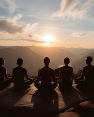 Group of people meditating at sunrise on a mountain peak, peaceful spiritual retreat, mindfulness and relaxation in nature, silhouetted figures practicing yoga, serene wellness concept


