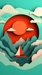 Paper Cutout Illustration: Sailboat Navigates Calm Waters Against a Sunset Backdrop with Majestic Mountains.