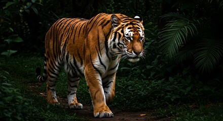 Obraz premium Majestic Tiger Walking in Lush Jungle at Night