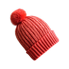 Bright Red Wool Hat with Pom-Pom Isolated on Transparent Background