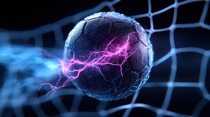 Dramatic high speed capture of a soccer ball hitting the net with a burst of electric energy showcasing the power speed and intensity of the sport