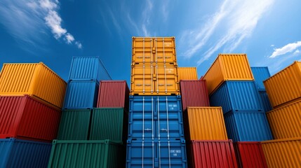 Colorful stacked shipping containers in a bustling logistics hub representing the global trade and efficient transportation of goods and cargo  The scene showcases the geometric patterns