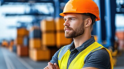 Fototapeta premium Experienced worker wearing high visibility safety vest standing amid stacked cargo containers supervising and overseeing logistics at an industrial warehouse or distribution center
