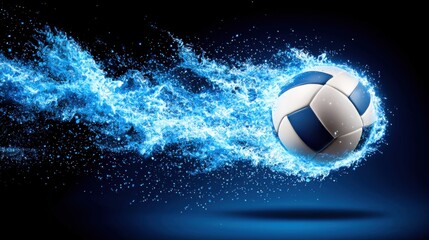 Naklejka premium Dynamic and electrifying volleyball spike moment captured with a glowing ball surrounded by a splash of water against a dark and vibrant digital backdrop creating a surreal and sports themed visual