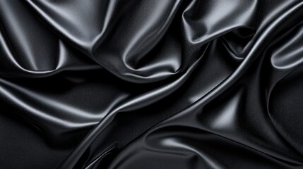 Fototapeta premium A close-up of smooth, black satin fabric with elegant folds and creases.