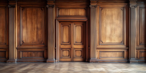 Classic premium luxury wood paneling wall background or texture. Highly crafted traditional wood paneling wall and floor, with a frame and column pattern, Extra wide format. Hand edited generative AI.