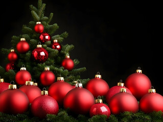 Fototapeta premium Red Christmas Ornaments Adorn a Small Fir Tree and Surround its Base Festively on a Dark Background